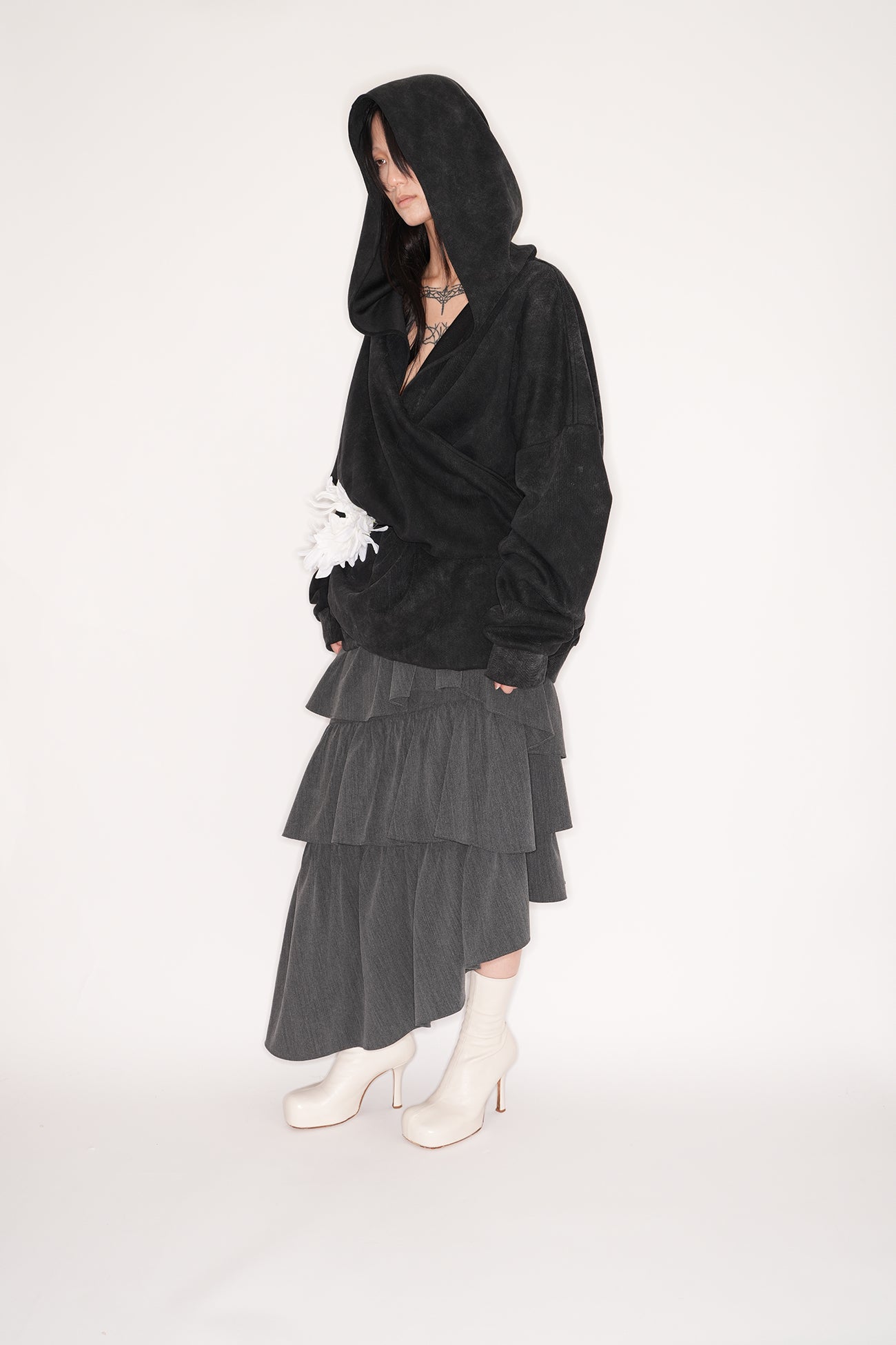 Front Ruffle V-Neck Sweatshirt