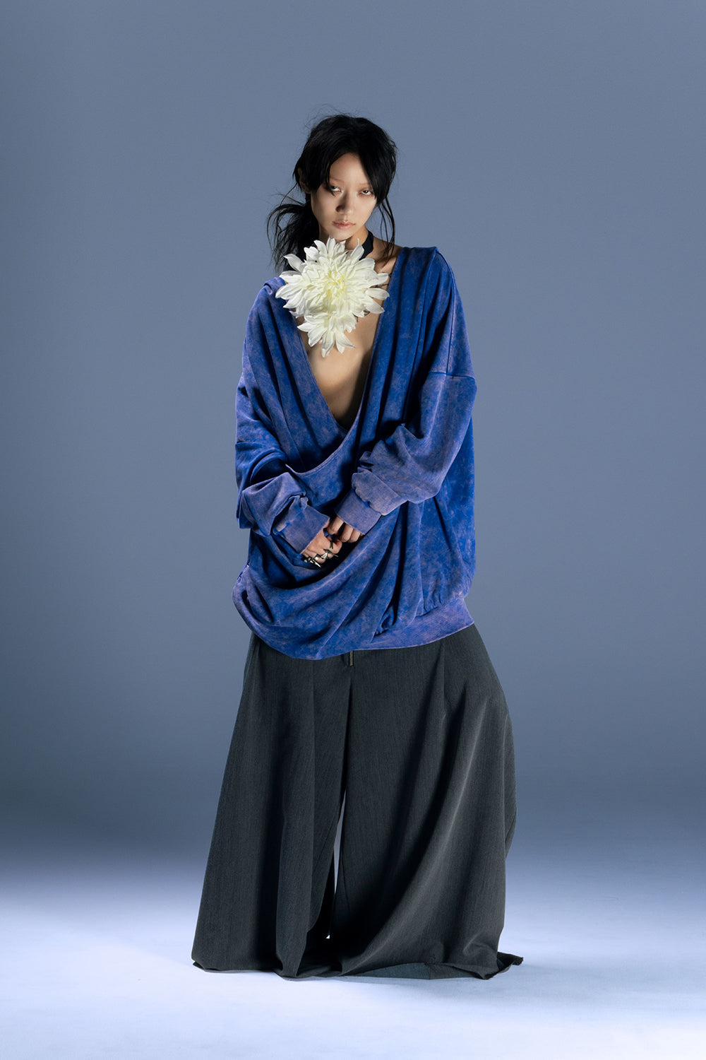 Front Ruffle V-Neck Sweatshirt
